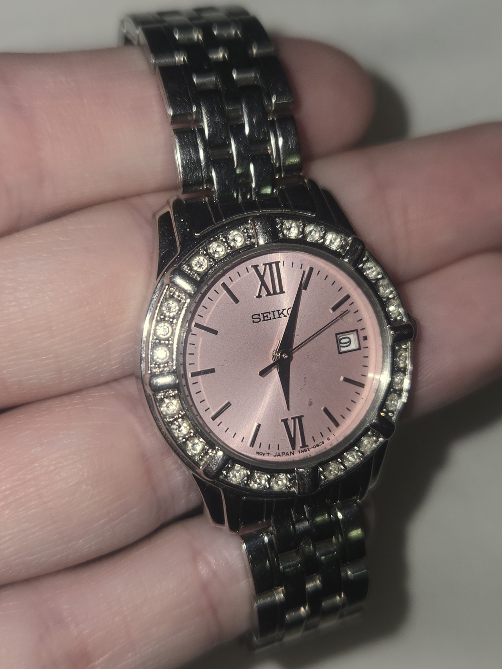 Seiko Silver Bracelet Watch with Pink Dial and Crystal Bezel